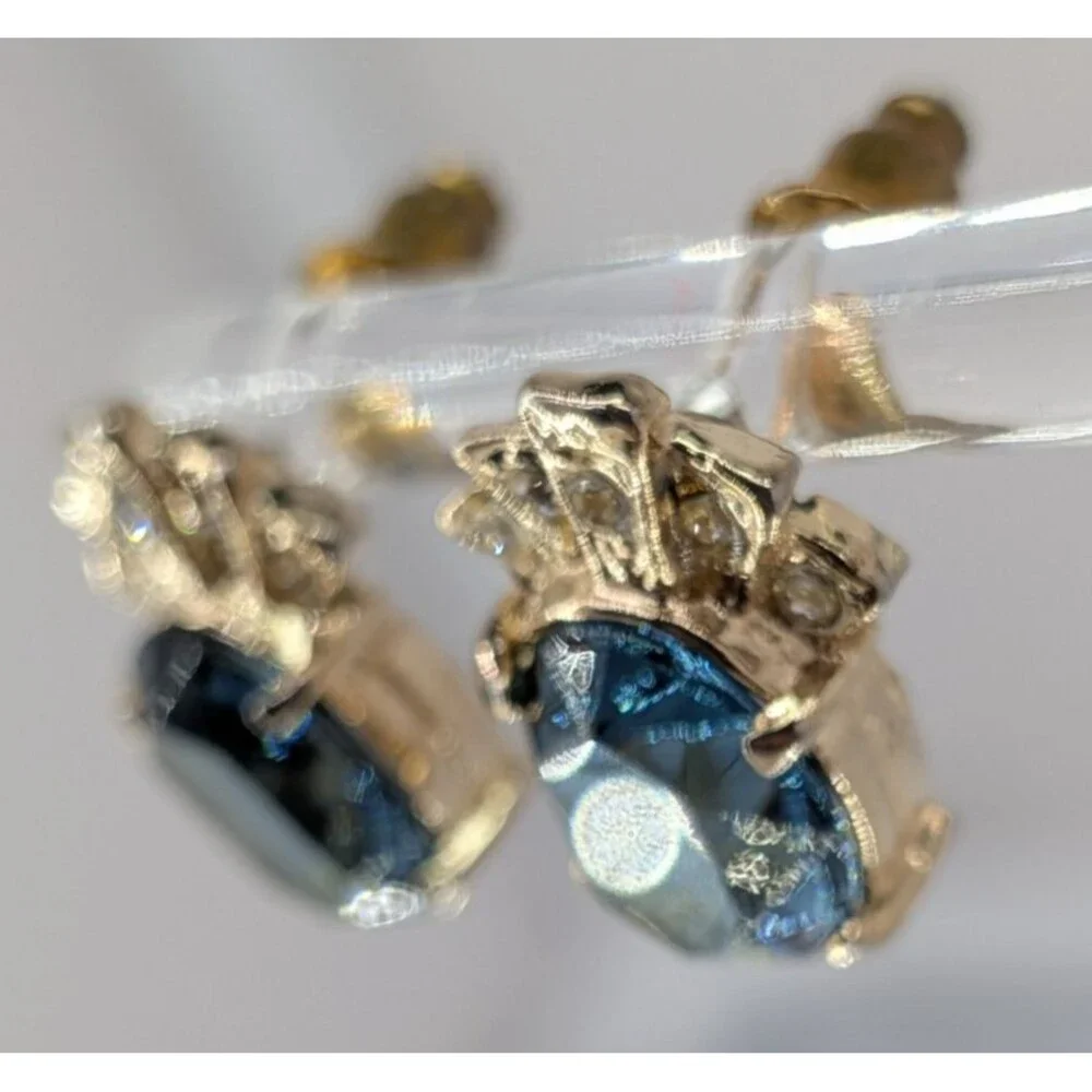 Vintage Blue Glass Stud Earrings Clear Rhinestone Crown Gold Tone Pierced 15mm
